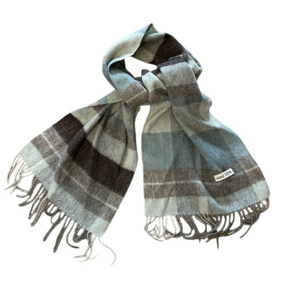 NWOT BYTU 100% wool gray & aqua plaid scarf